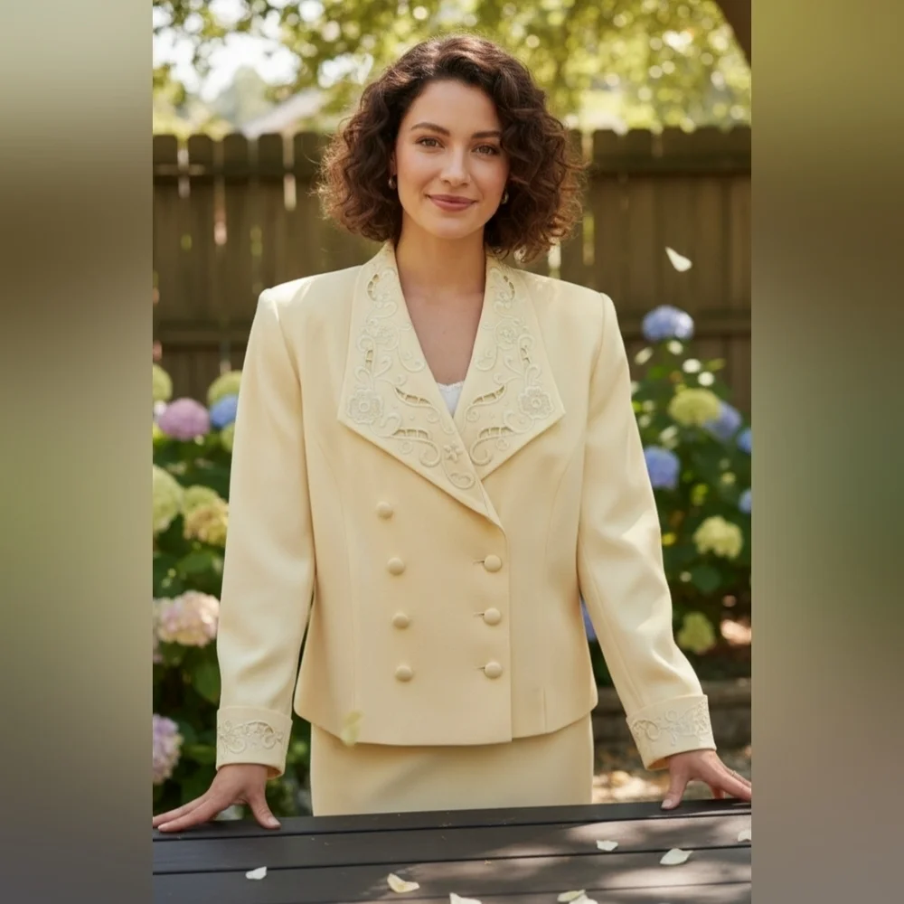MORGAN MILLER | Vintage Pastel Yellow Floral Embroidered Blazer Tag 12 (6/8)